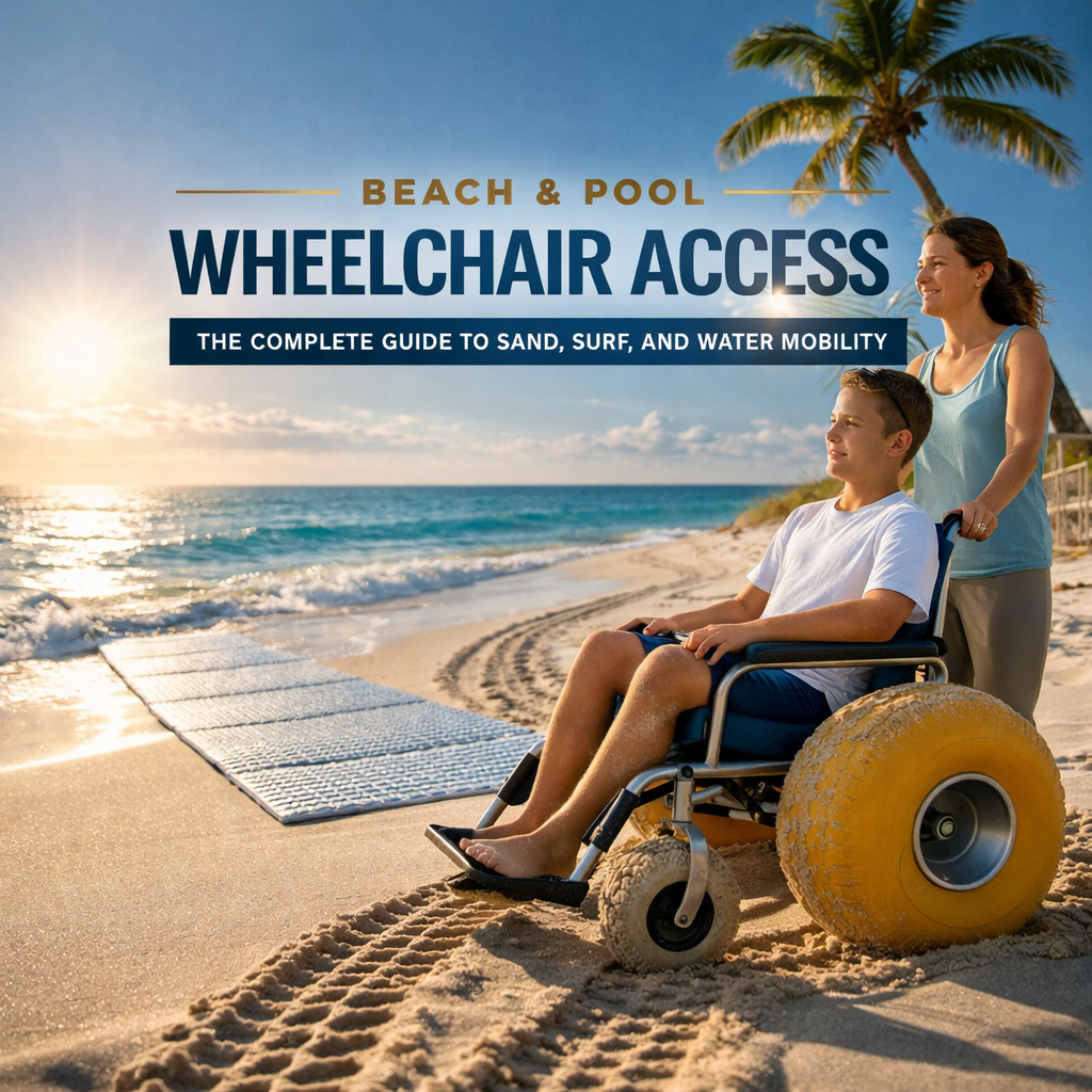 Beach wheelchair access guide showing adult in sand wheelchair with caregiver assistance on beach access mat near ocean