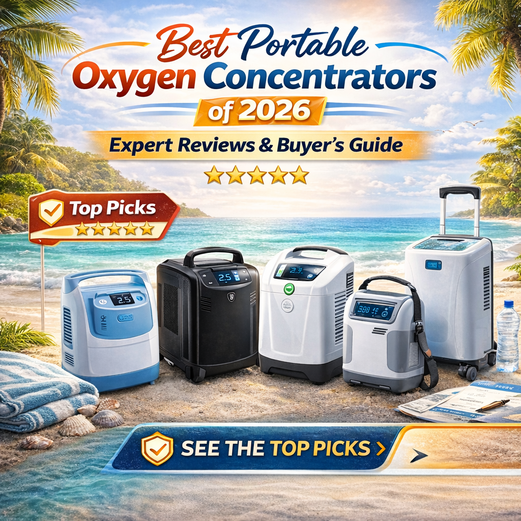 Best portable oxygen concentrators of 2026 buyer guide showing top portable oxygen machines with tropical palm tree background