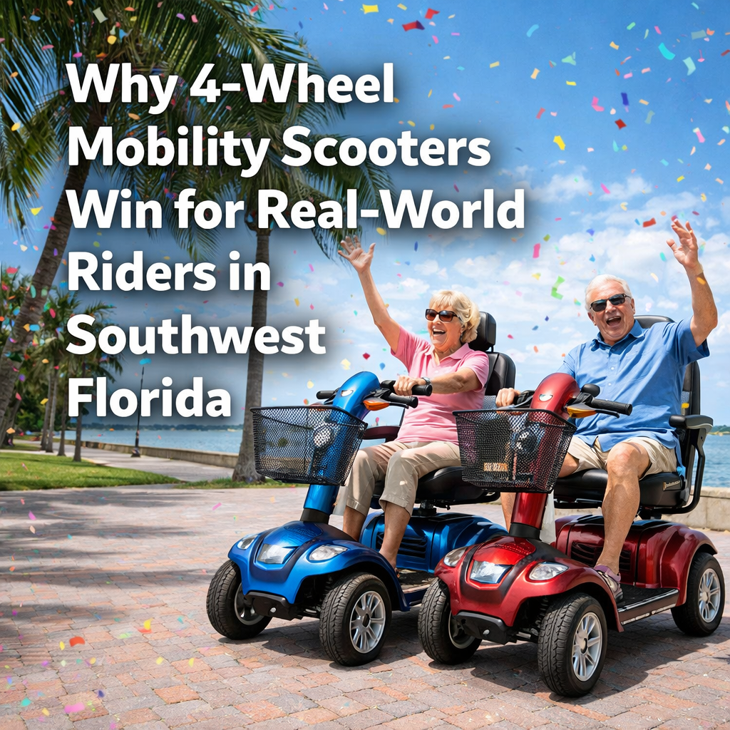 4 wheel mobility scooters for seniors in Southwest Florida with happy couple riding outdoors