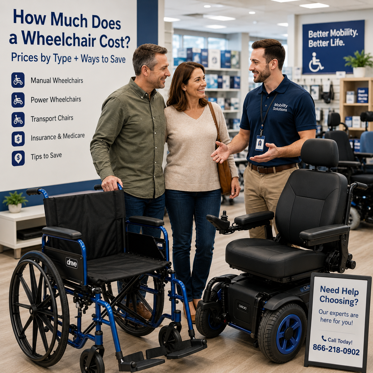 Couple comparing manual and power wheelchairs with a sales representative in a medical mobility store