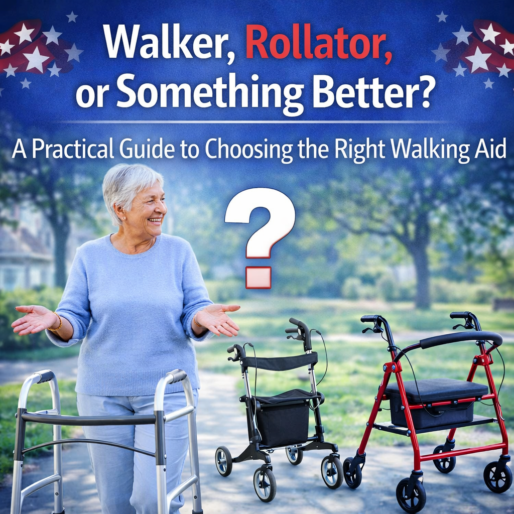 Walker vs rollator comparison with senior choosing between walking aids in outdoor setting