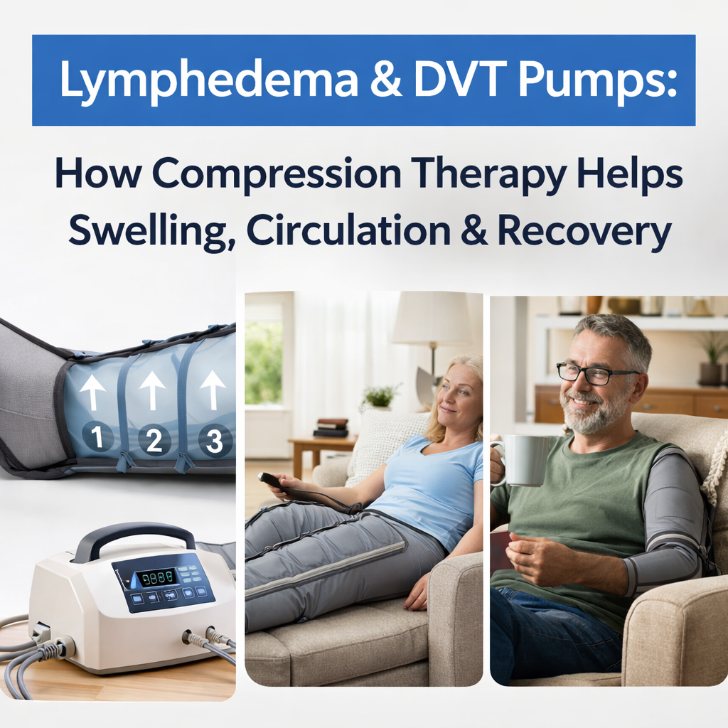 Lymphedema and DVT compression pumps with leg and arm sleeves for circulation and swelling relief