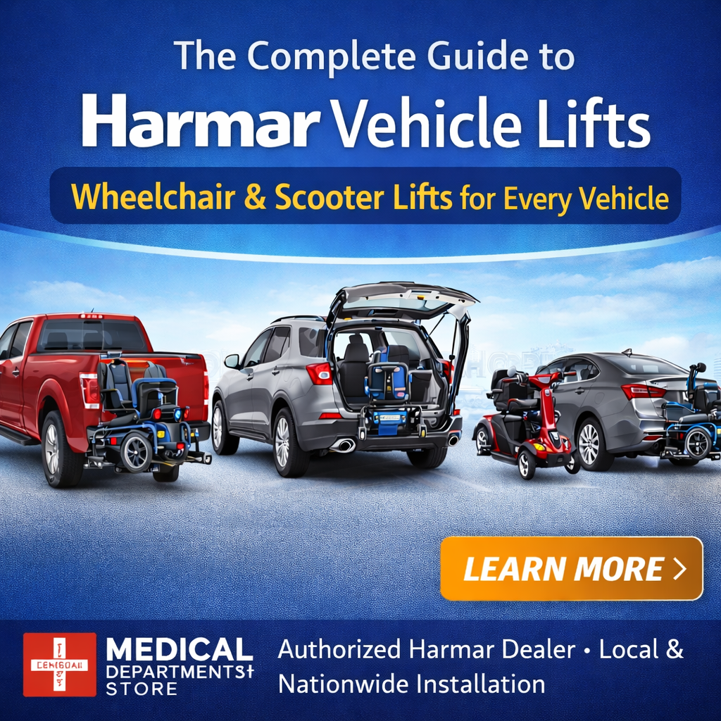 Square banner for Harmar vehicle lifts guide featuring wheelchair and scooter lifts for multiple vehicle types.