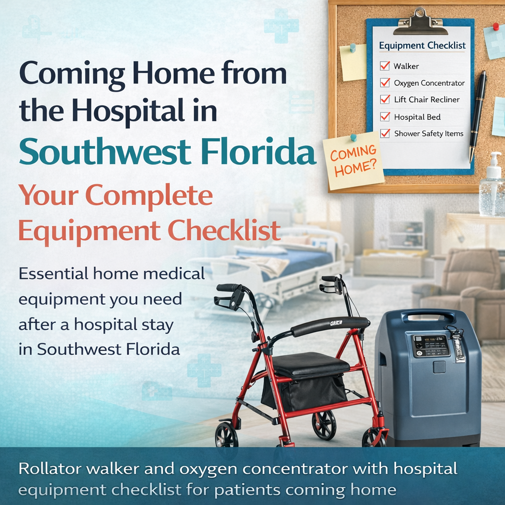 Hospital discharge equipment checklist with rollator walker and oxygen concentrator for patients returning home in Southwest Florida
