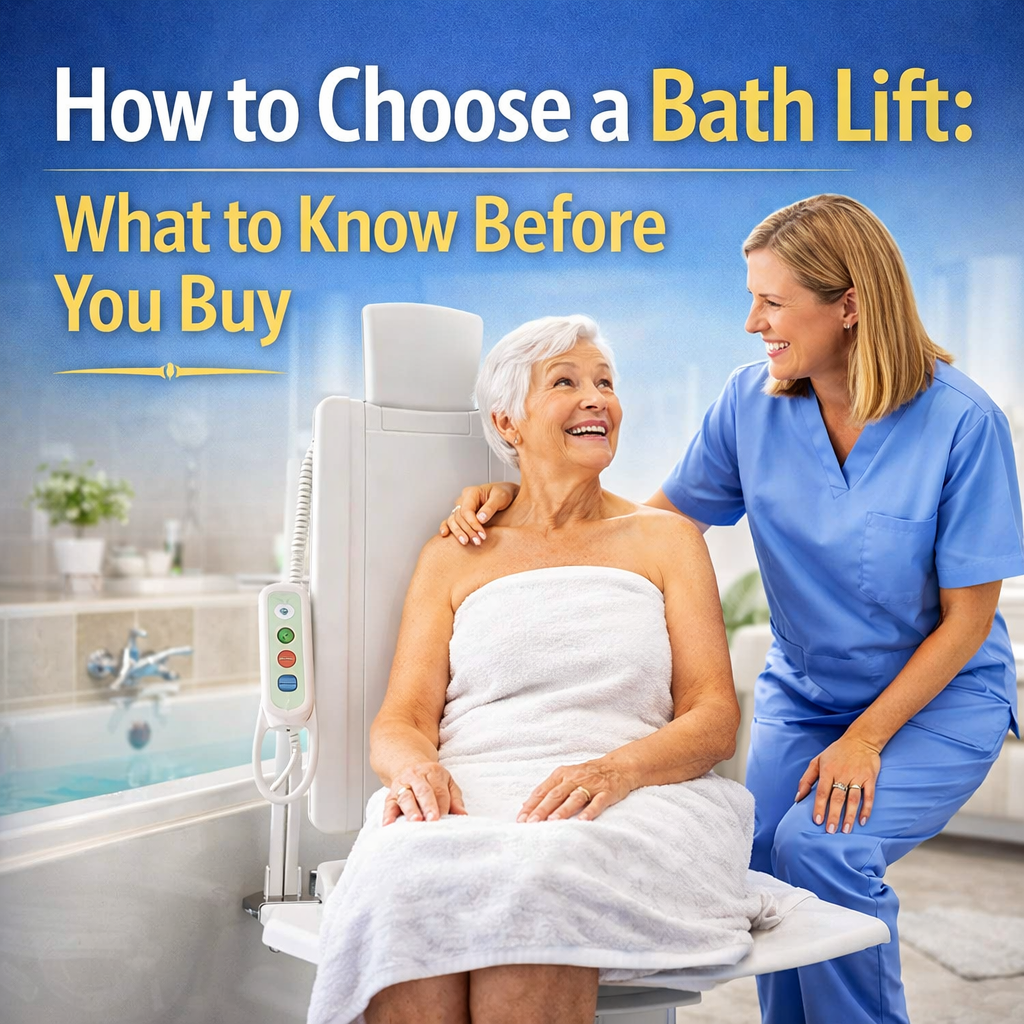 How to choose a bath lift guide with caregiver assisting senior using bath lift in bathroom