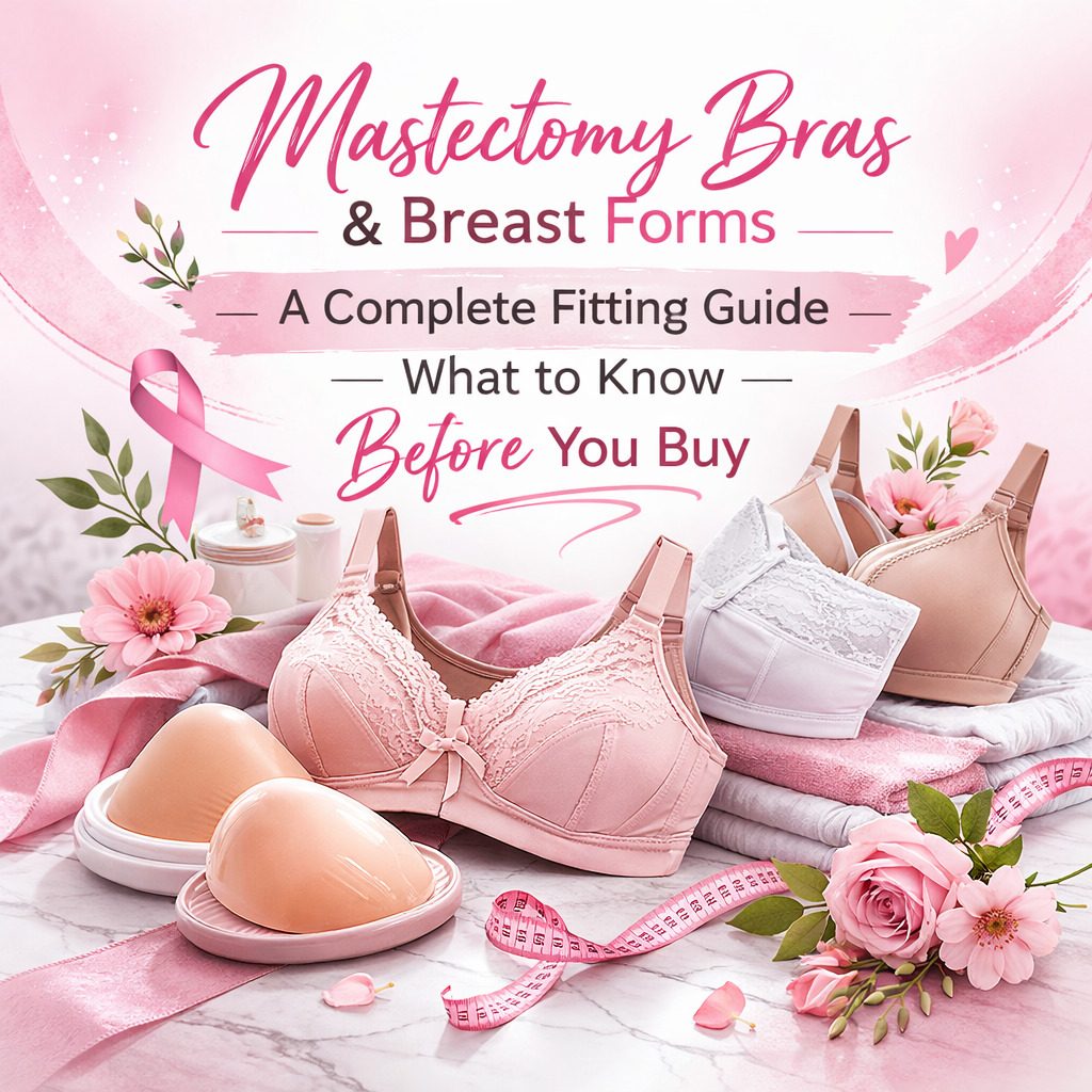 Mastectomy bras and breast forms displayed on marble surface including silicone breast prosthesis, lace front closure bra, white mastectomy bra, and nude support bra with pink roses and measuring tape — Medical Department Store fitting guide
