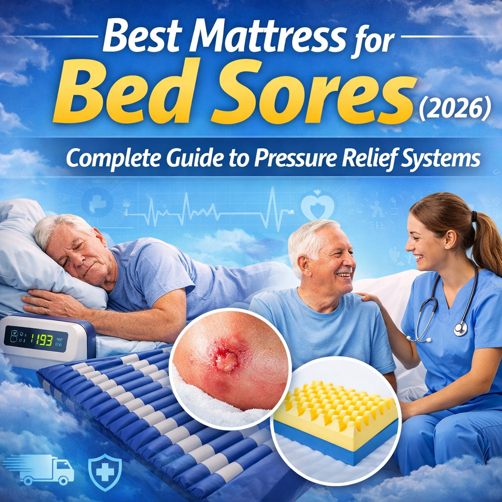 Best mattress for bed sores 2026 square banner showing pressure relief air mattress systems including alternating pressure and low air loss