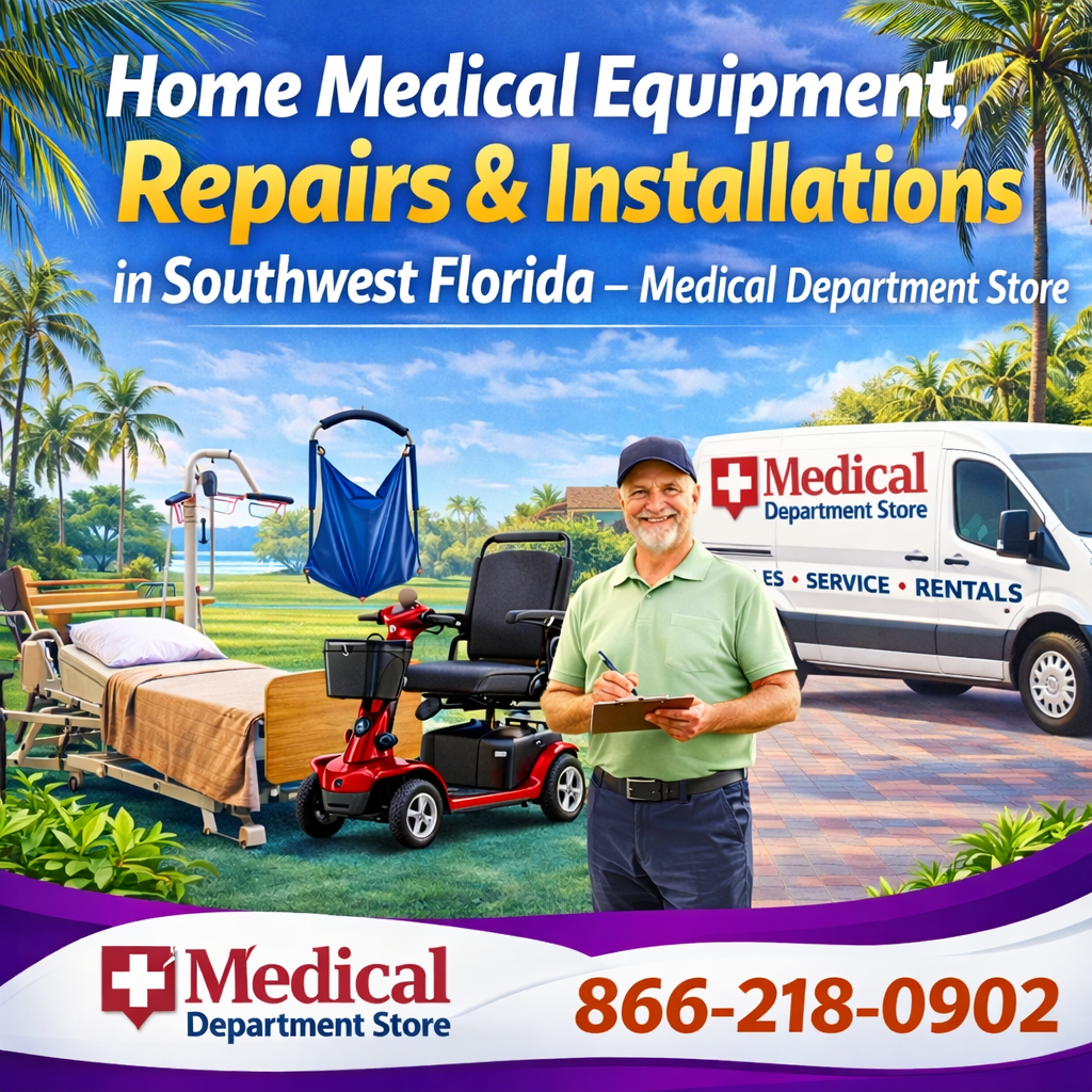 Home medical equipment repairs and installations in Southwest Florida with Medical Department Store service van mobility scooter hospital bed and patient lift