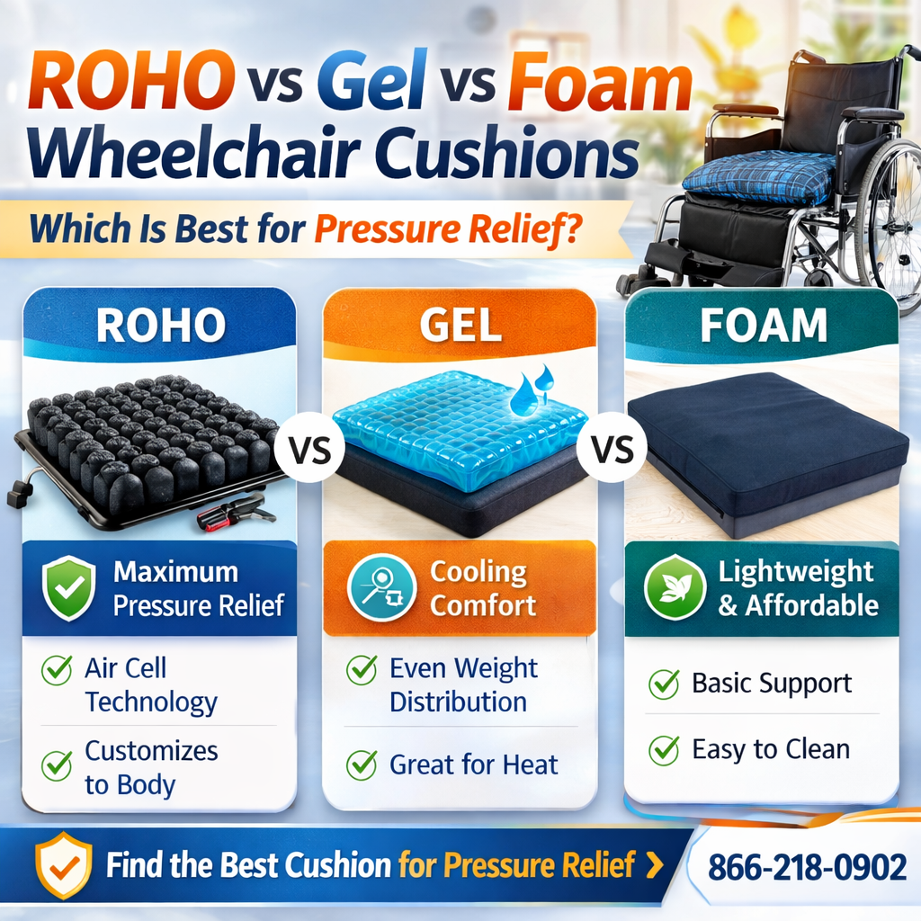 ROHO vs gel vs foam wheelchair cushions comparison showing which cushion is best for pressure relief