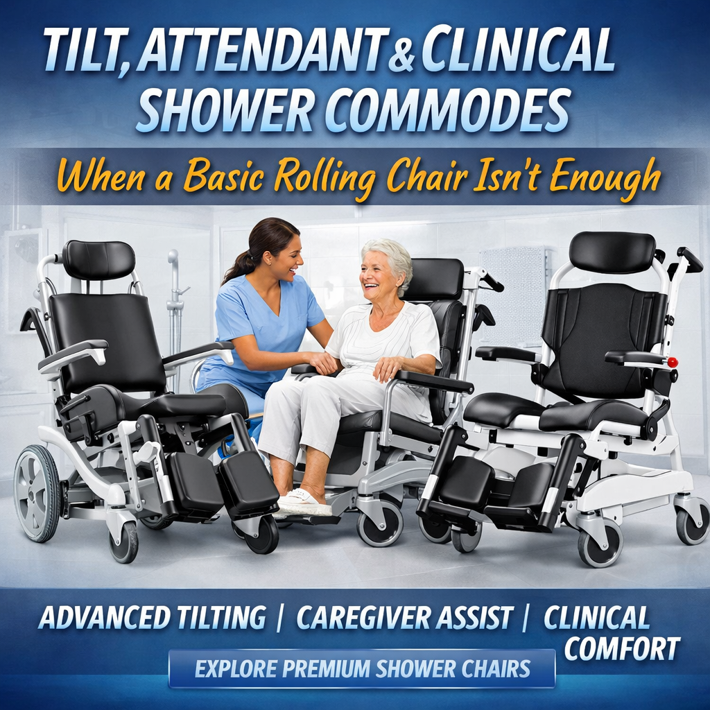 Tilt-in-space shower commode chair with caregiver assist and clinical rolling shower chair for disabled and elderly users