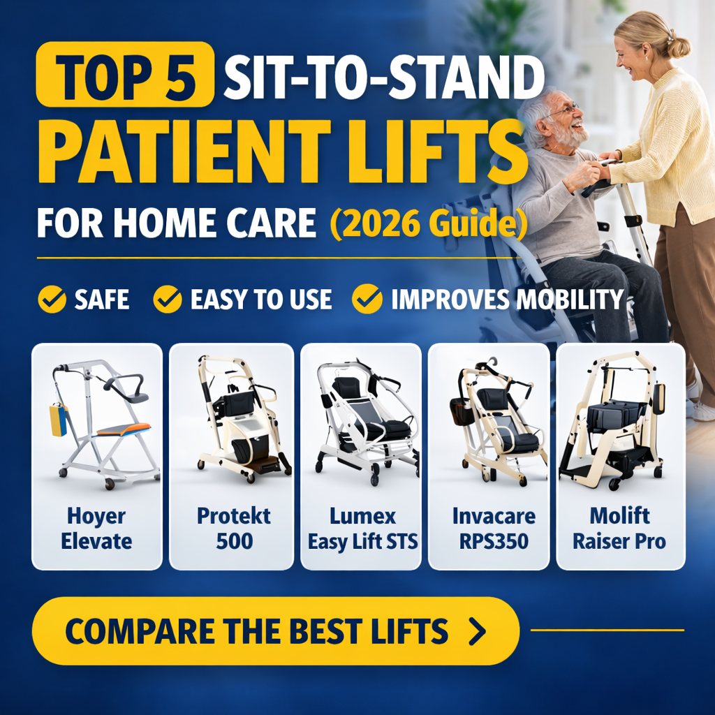Top 5 sit-to-stand patient lifts for home care including Hoyer Elevate Protekt 500 Lumex Easy Lift STS Invacare RPS350 and Molift Raiser Pro