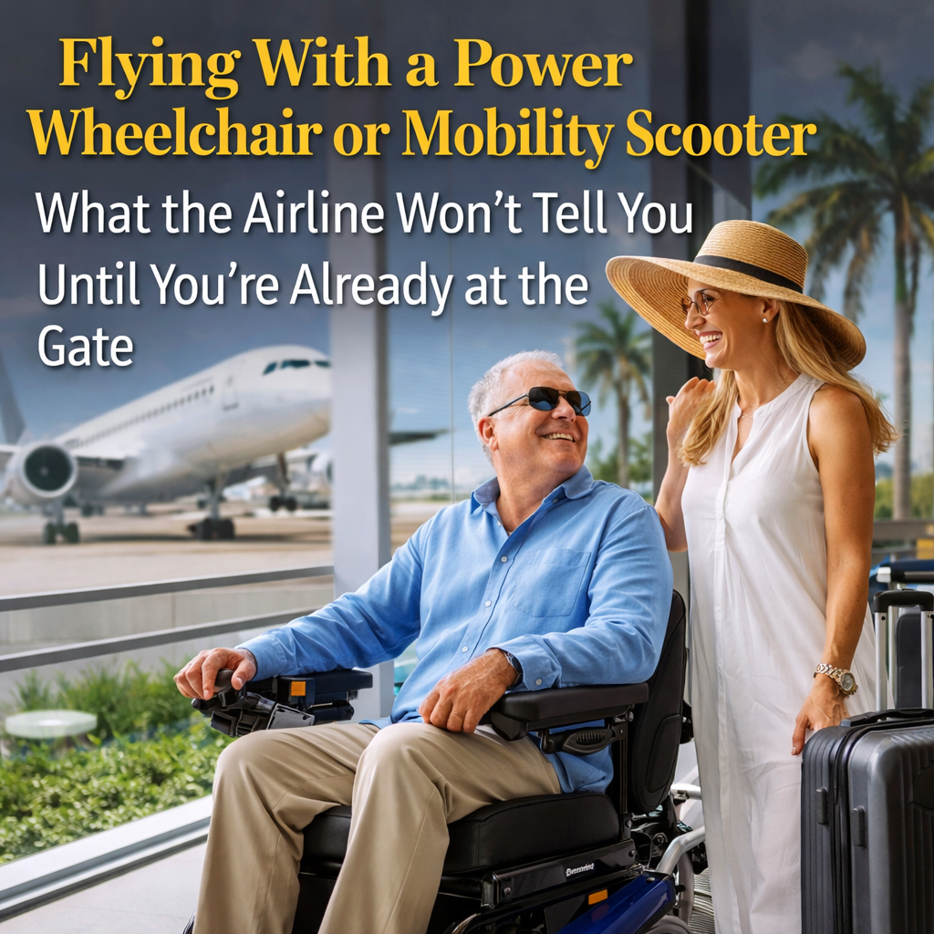 alt="Flying with a power wheelchair at airport, traveler in electric wheelchair with companion ready for vacation, airline mobility assistance travel"