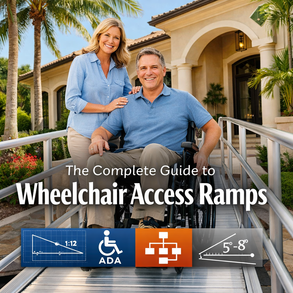 Wheelchair access ramp at luxury home with palm trees and smiling couple – ADA compliant ramp design guide