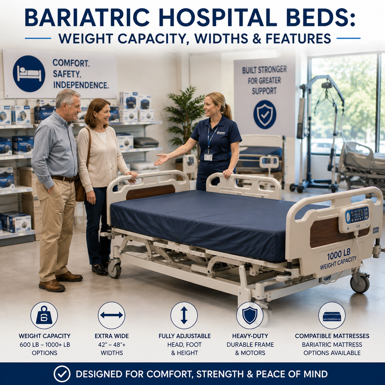 Bariatric hospital bed with extra-wide design and high weight capacity shown in a medical equipment showroom