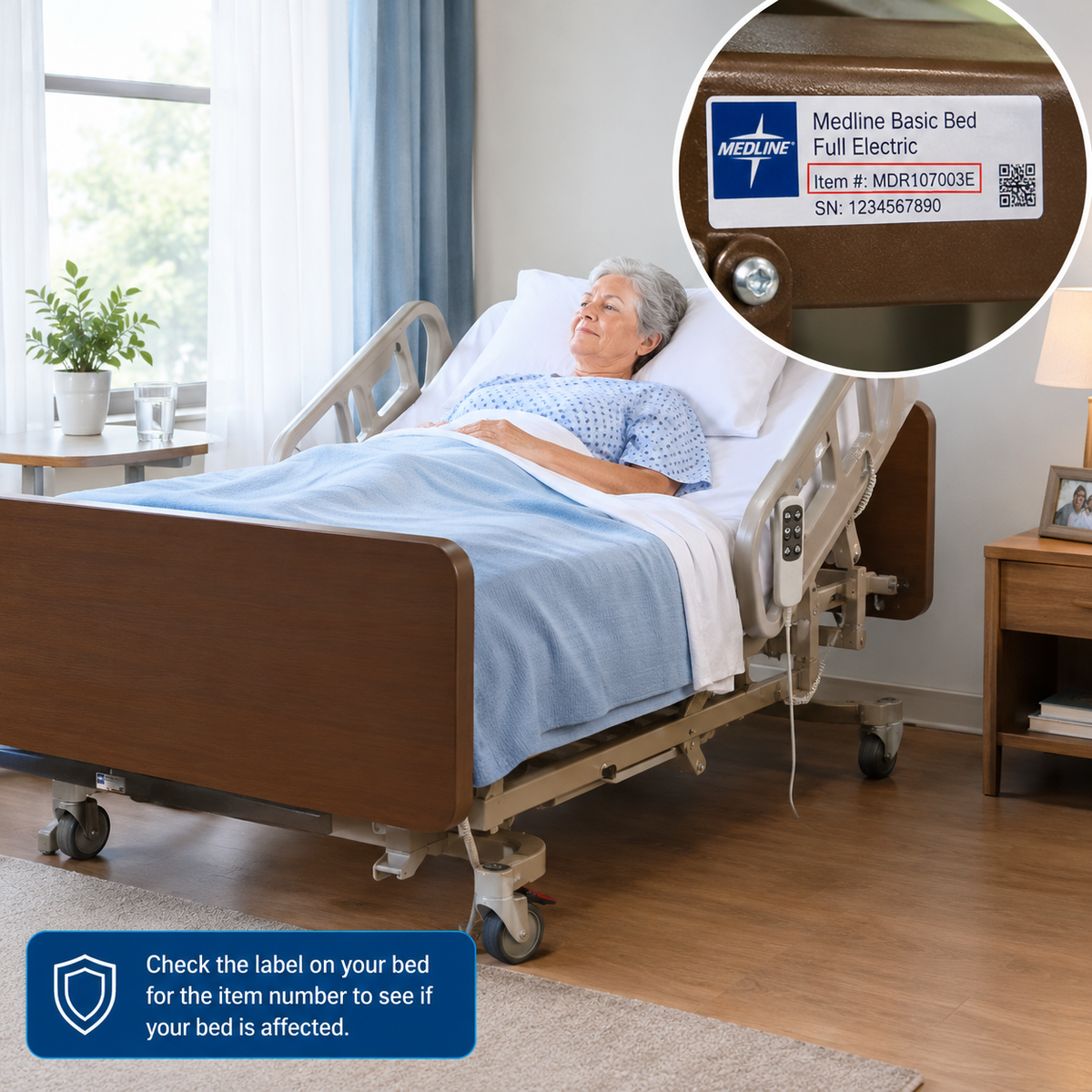 lderly patient resting in a homecare hospital bed with close-up of Medline bed label and safety notice explaining how to check if the bed is affected by the safety correction.