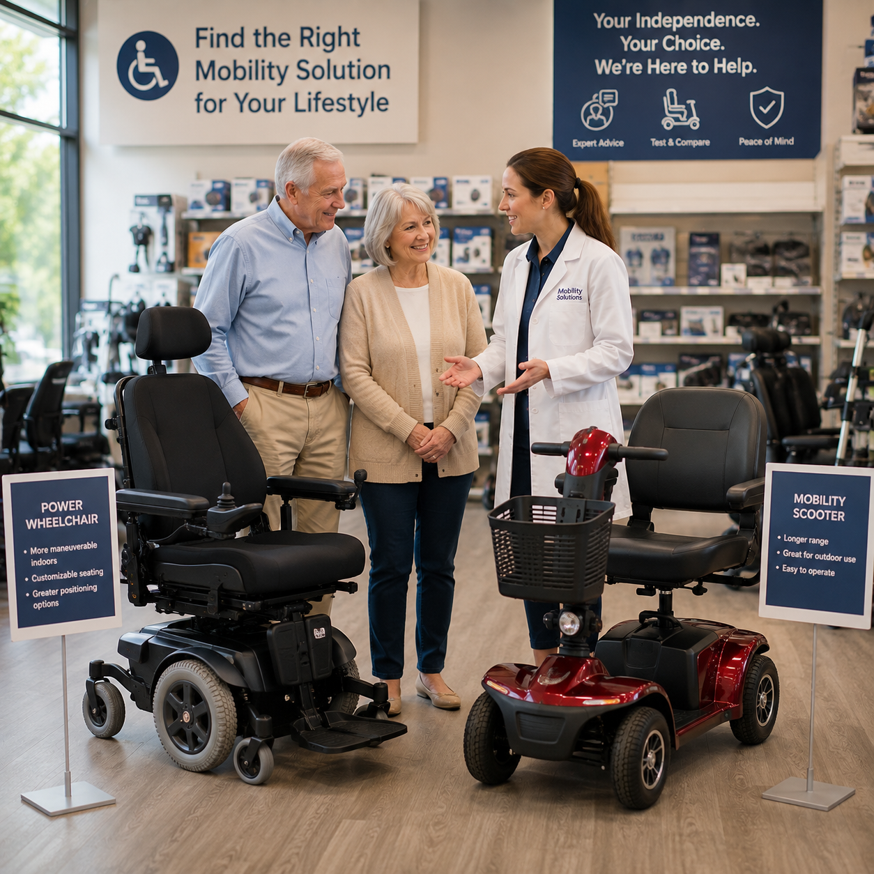 Older couple comparing a power wheelchair and mobility scooter with a mobility specialist in a medical equipment store
