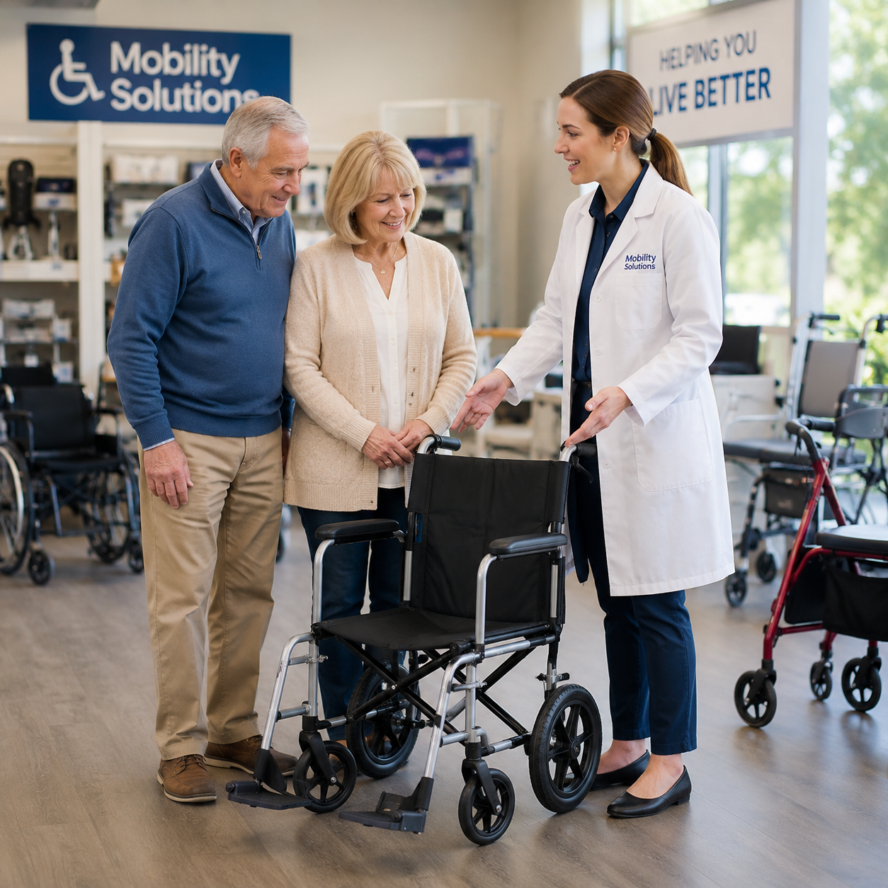 Older couple comparing a transport wheelchair with a mobility specialist in a medical equipment store