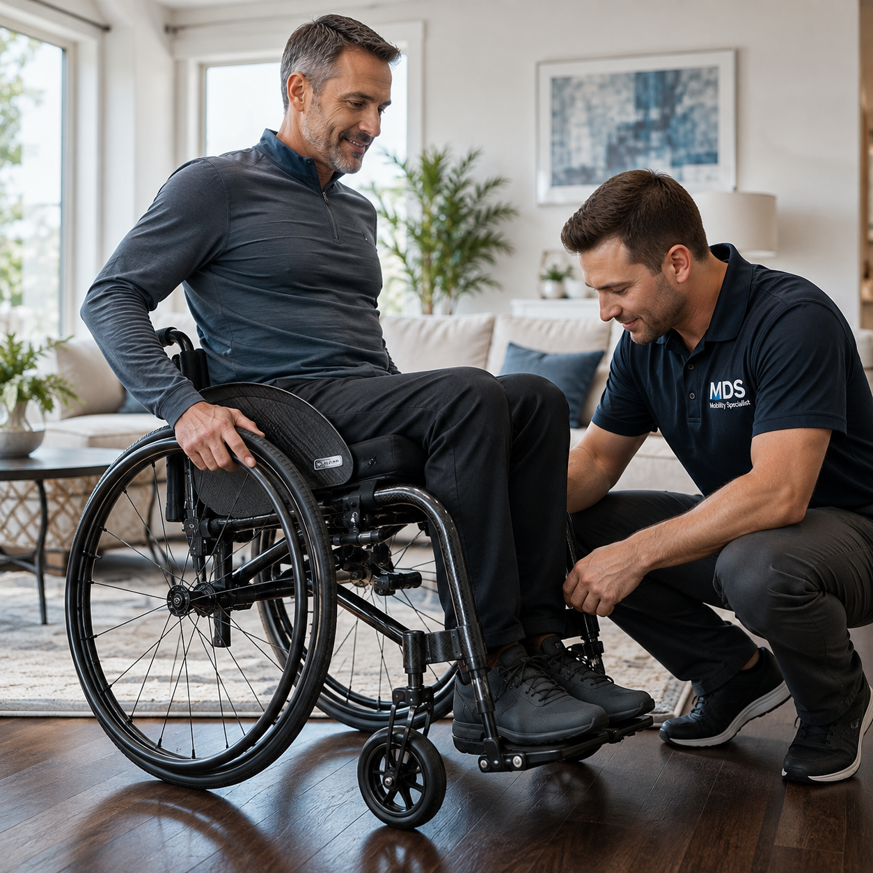 Custom ultralight rigid wheelchair being professionally adjusted for a client in a home setting