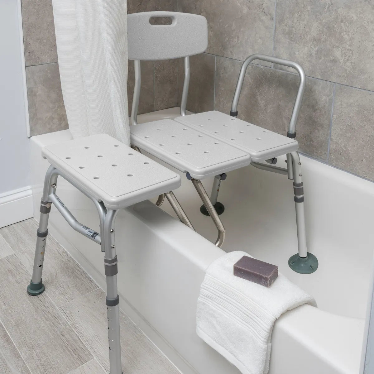 Splash Defense Transfer Shower Bench with Curtain Guard – 400 lb Transfer Bench