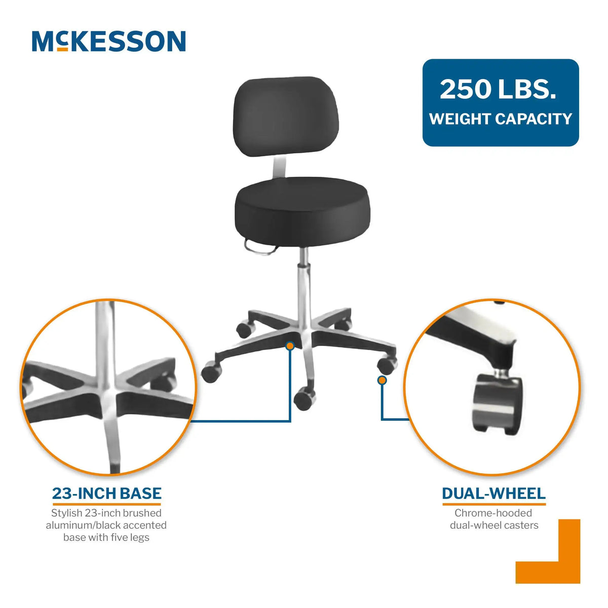 McKesson Pneumatic Exam Stool with Backrest, Black — 81-11001BUS393