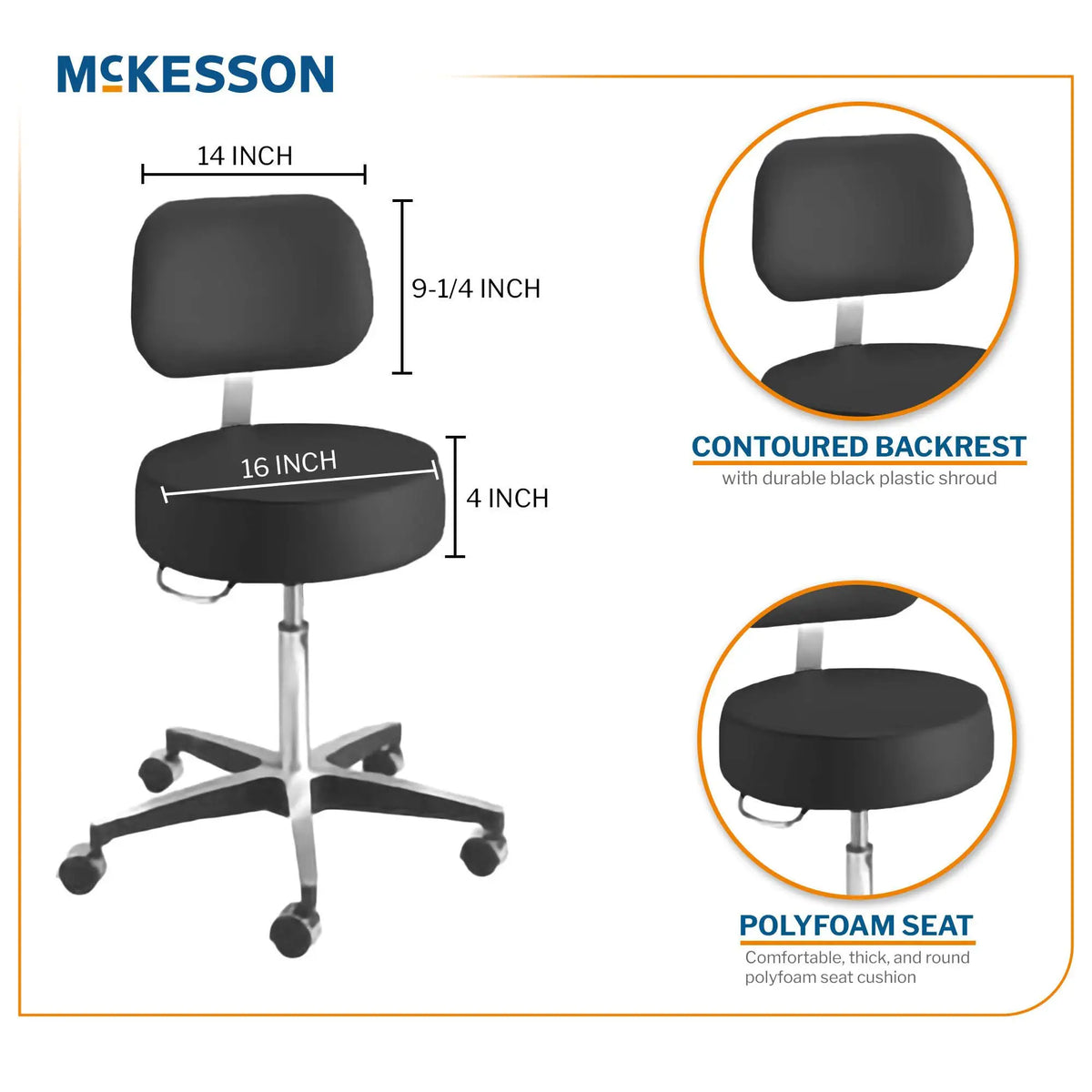 McKesson Pneumatic Exam Stool with Backrest, Black — 81-11001BUS393