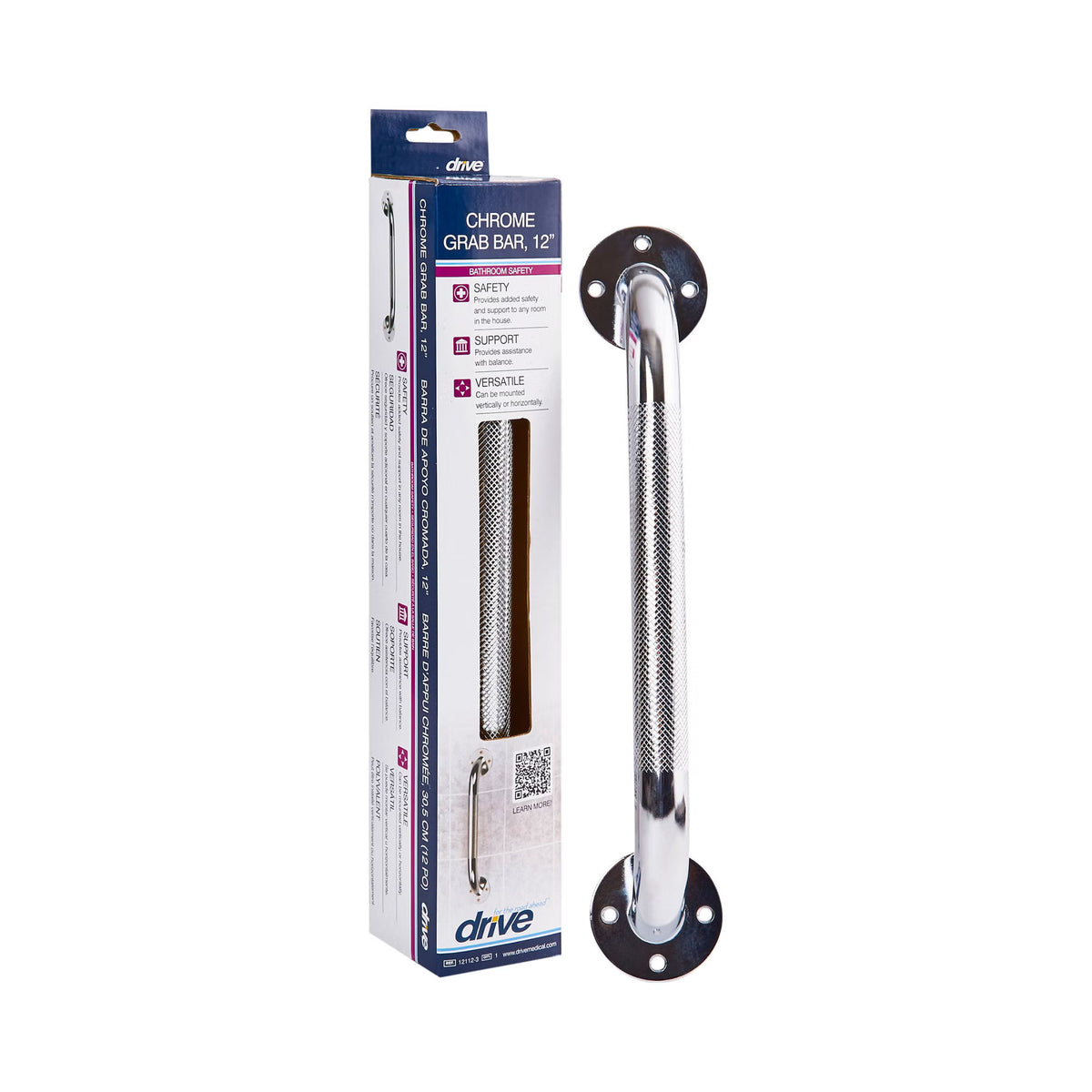 Drive Medical Chrome Knurled Grab Bar — 12" to 32", 250 lb