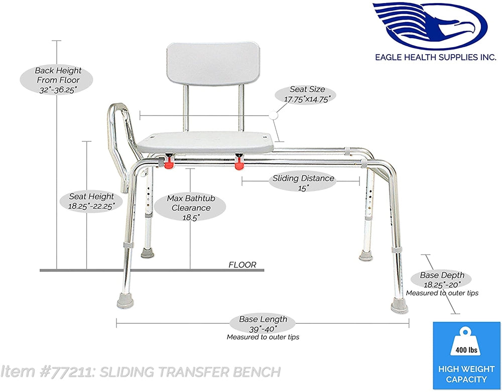 Eagle Health Supplies Sliding Transfer Bench - 77211, Tool Free Assembly