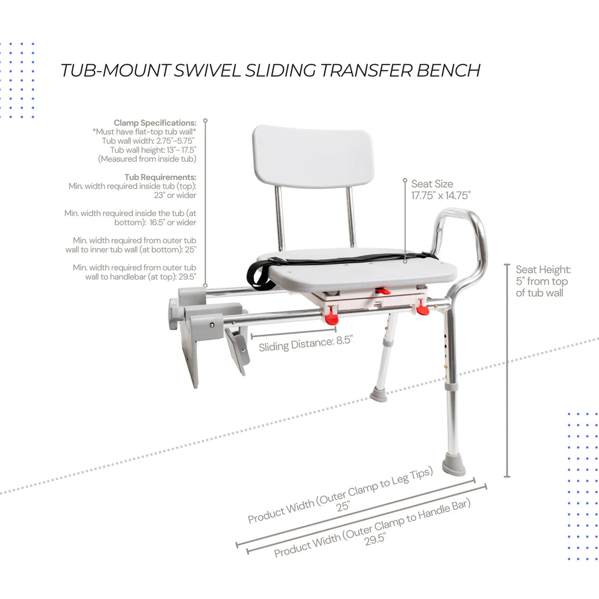 Eagle Health 77762 Tub-Mount Sliding Swivel Transfer Bench