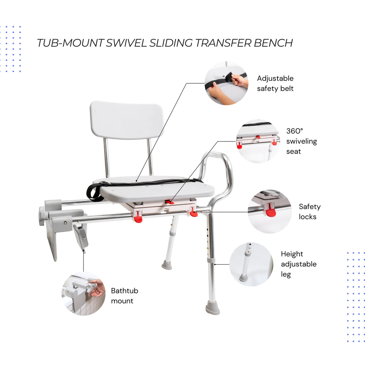 Eagle Health 77762 Tub-Mount Sliding Swivel Transfer Bench