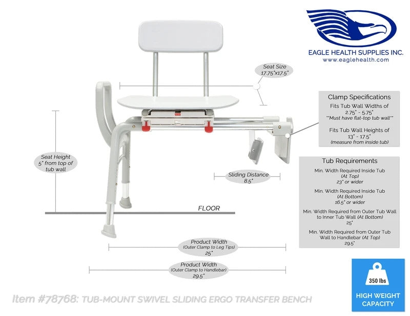 Eagle Health 78768 - Tub-Mount Swivel & Sliding Ergo Transfer Bench