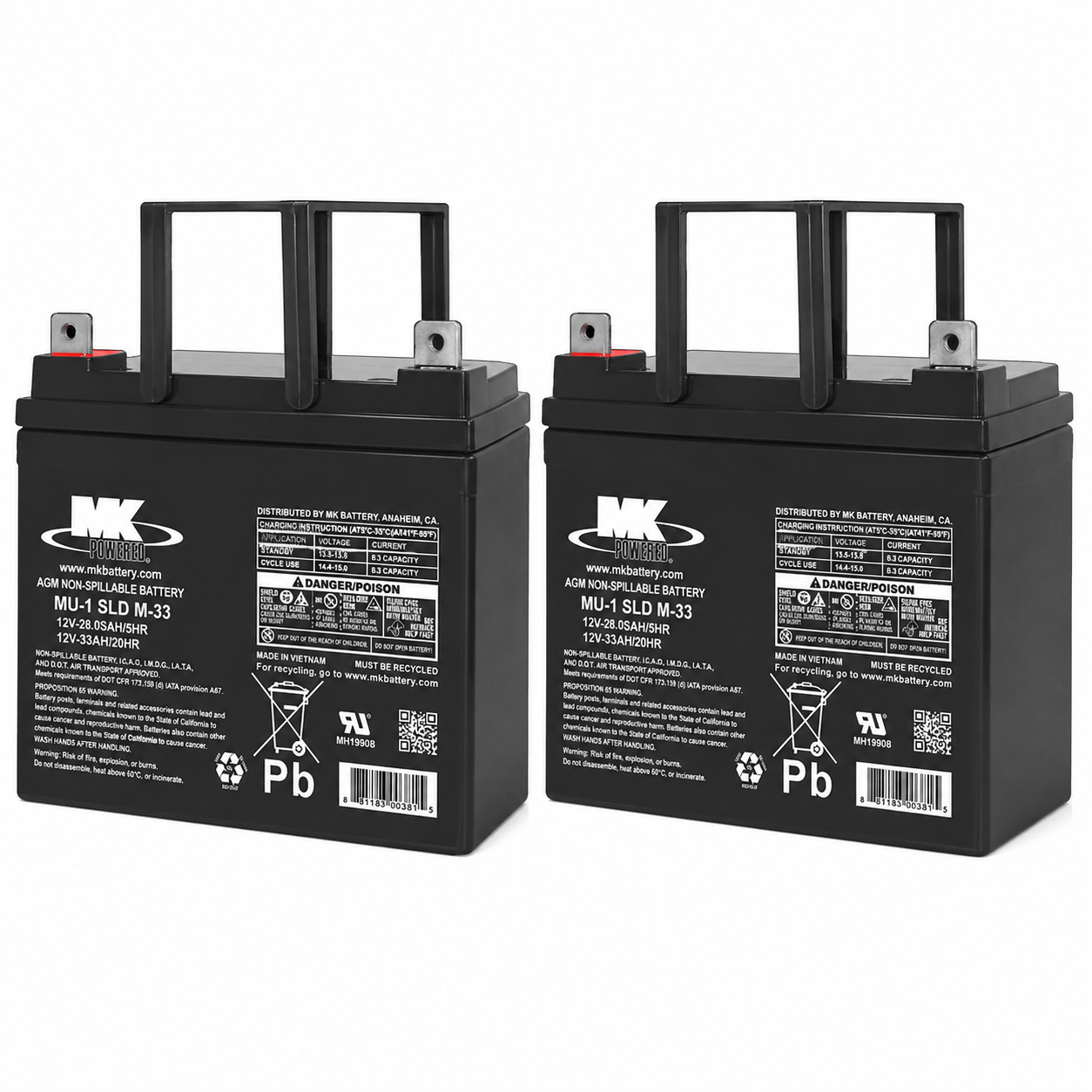 MK Battery MU-1 SLD M-33 — 12V 33Ah Sealed AGM Mobility Battery, Set of 2