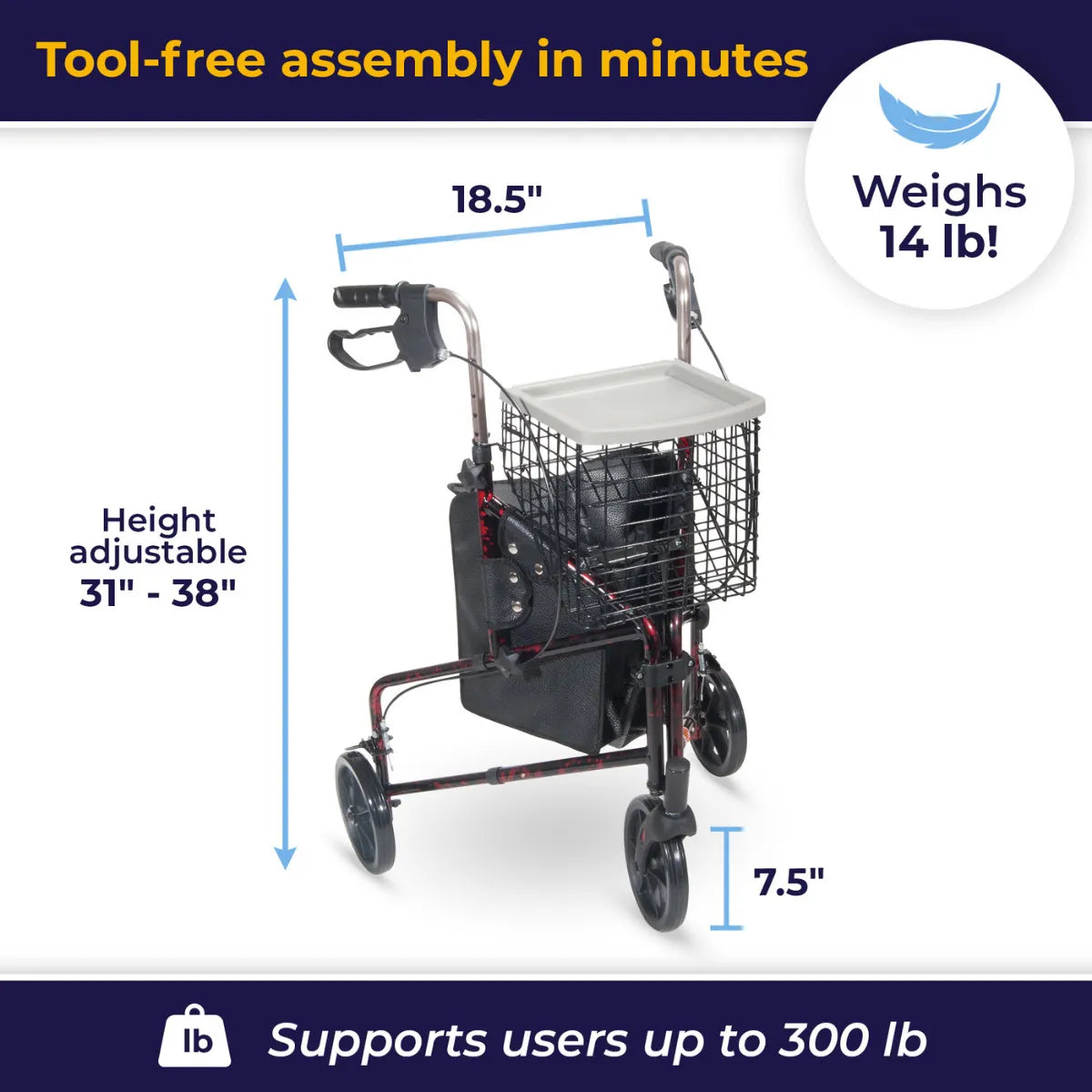 Drive Deluxe 3-Wheel Aluminum Rollator – Lightweight 3 Wheel Walker with Basket, Tray & Pouch