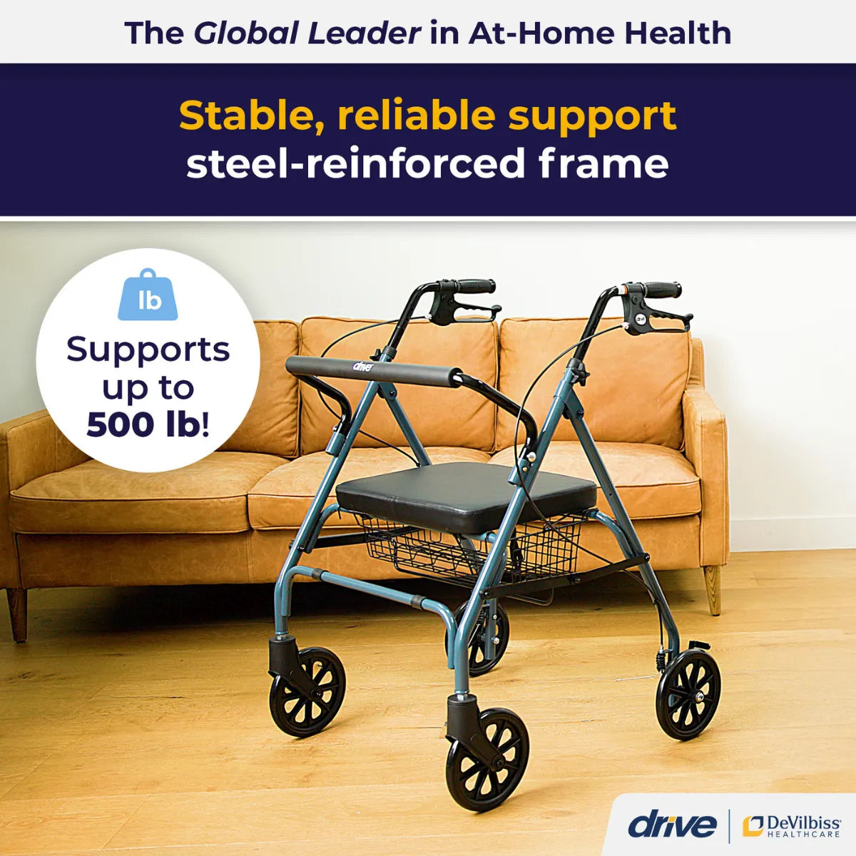 Drive Go-Lite Bariatric Steel Rollator – Heavy-Duty 4-Wheel Rollator Walker with Seat