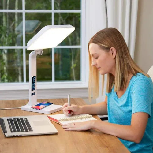 Light Therapy Lamp with Alarm Clock, Wireless Charger, and USB Port - TheraLite Aura Qi