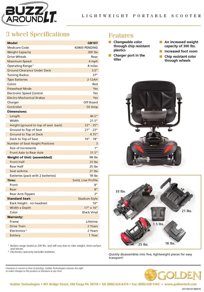 Golden Tech GB107D Buzzaround LT 3-Wheel Power Scooter-Red