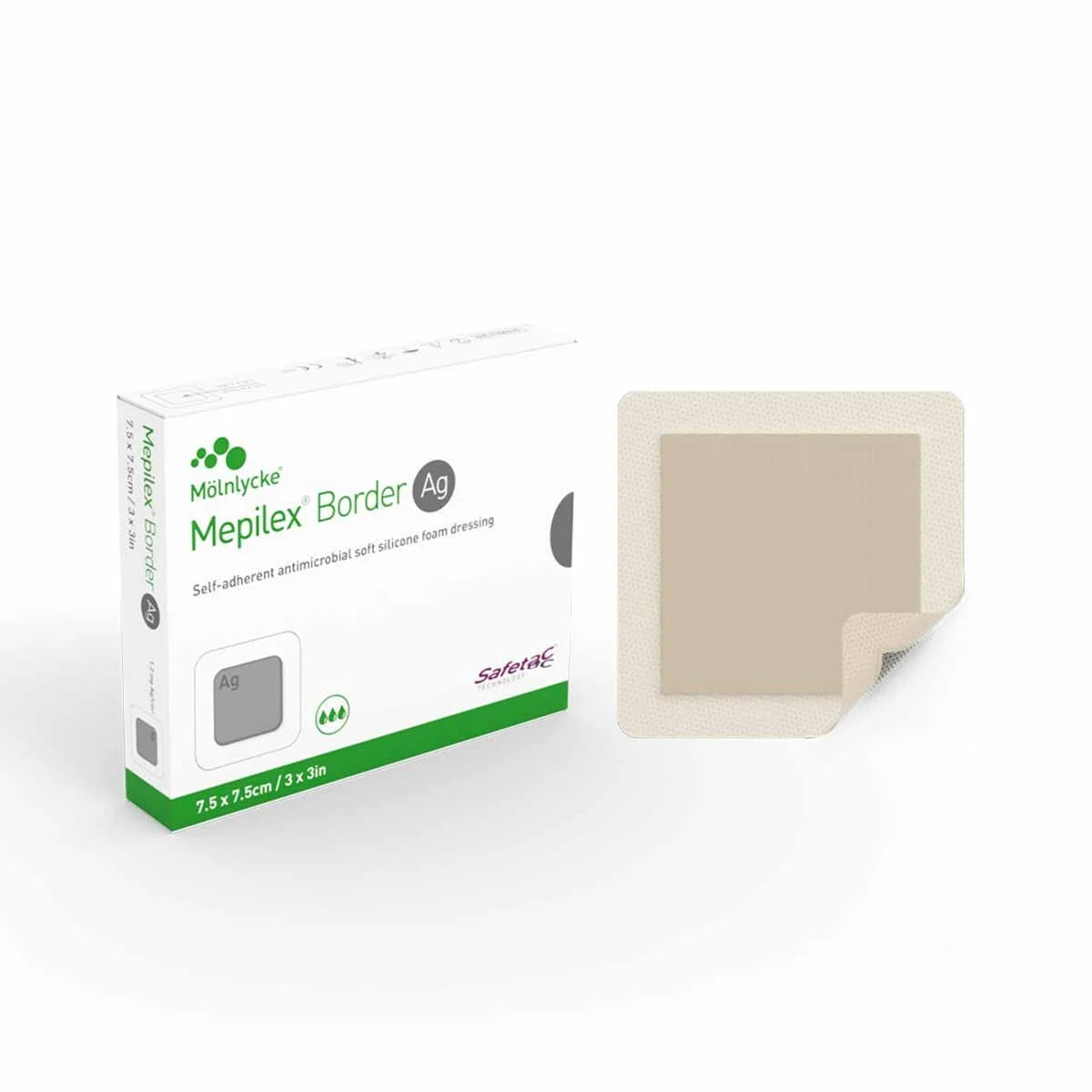 Mepilex Ag Antimicrobial Silver Foam Dressing with Safetac — 6 Sizes, Sterile