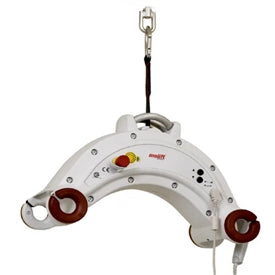 Ceiling track patient lift — mounted motor travels on fixed overhead rail, no floor footprint required