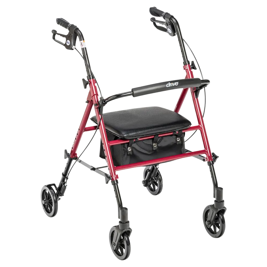 Drive Medical 4-Wheel Rollator Walker with 6" Wheels – Lightweight Folding Rollator with Seat