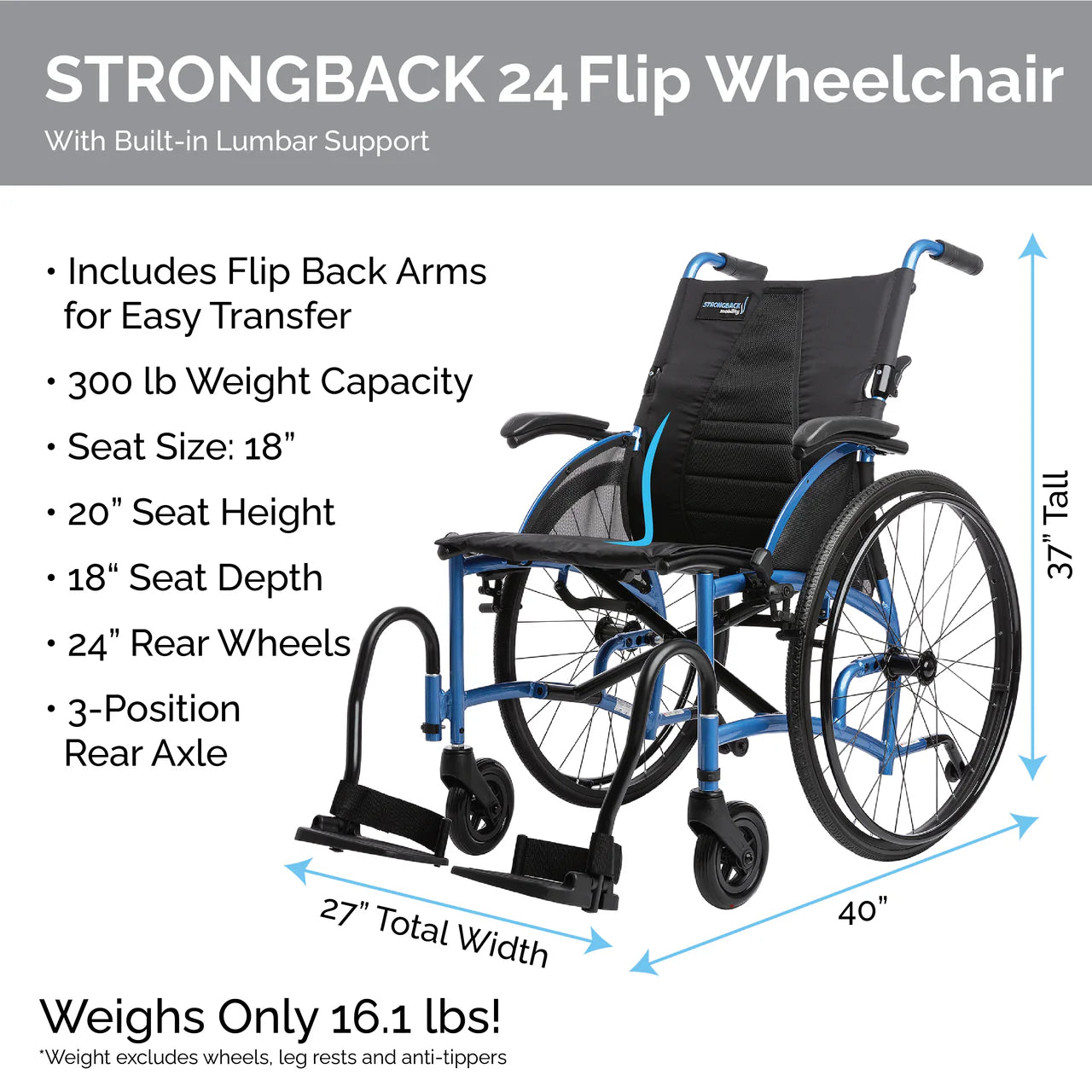 STRONGBACK Comfort : 24 Flip Arm Rest Wheelchair