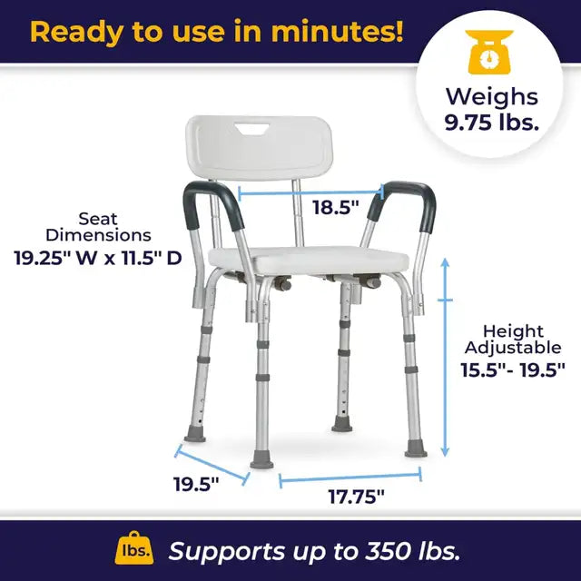 Shower Chair with Back & Padded Arms – 350 lb Adjustable Bath Seat