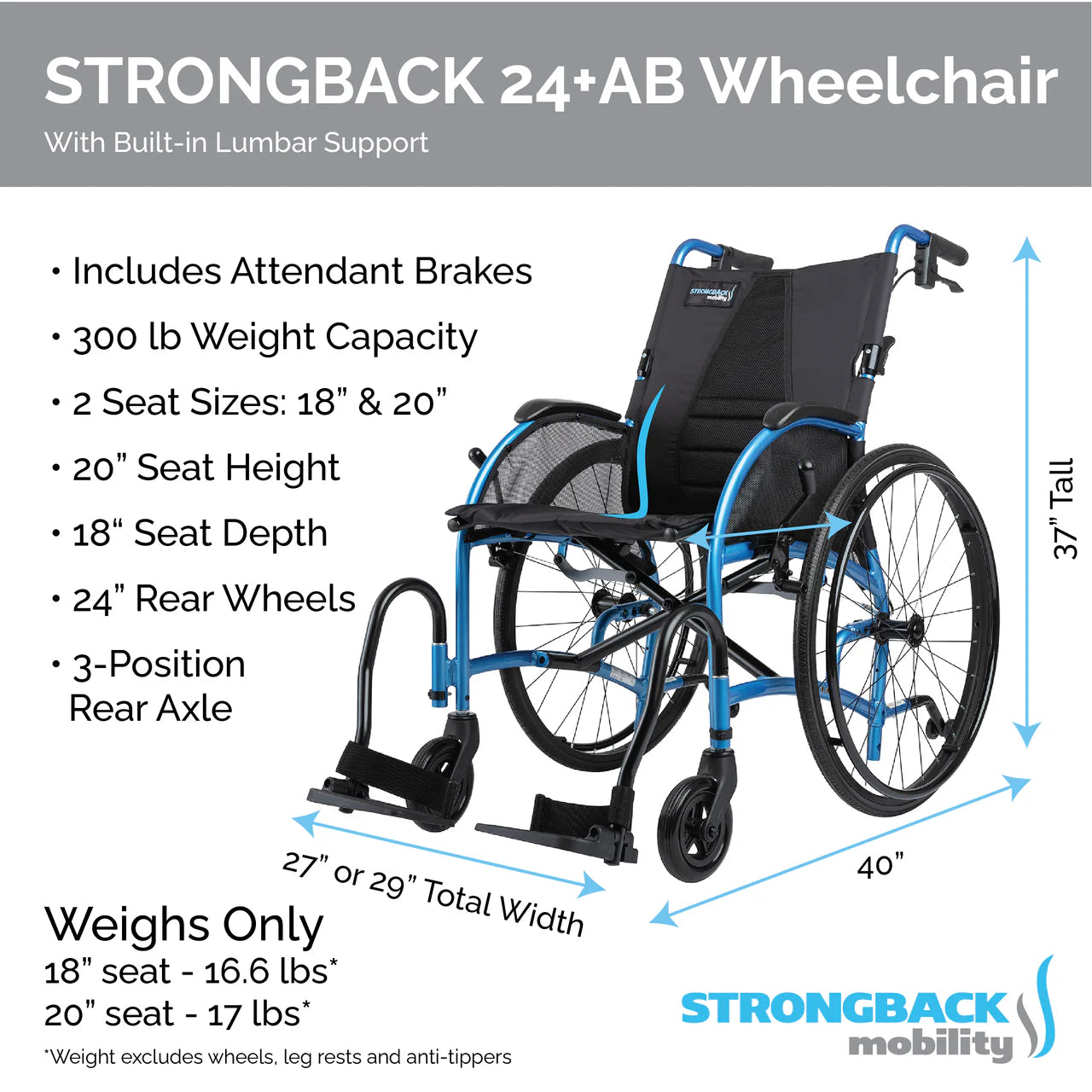 Strongback 24 Lightweight Manual Wheelchair with Attendant Brakes