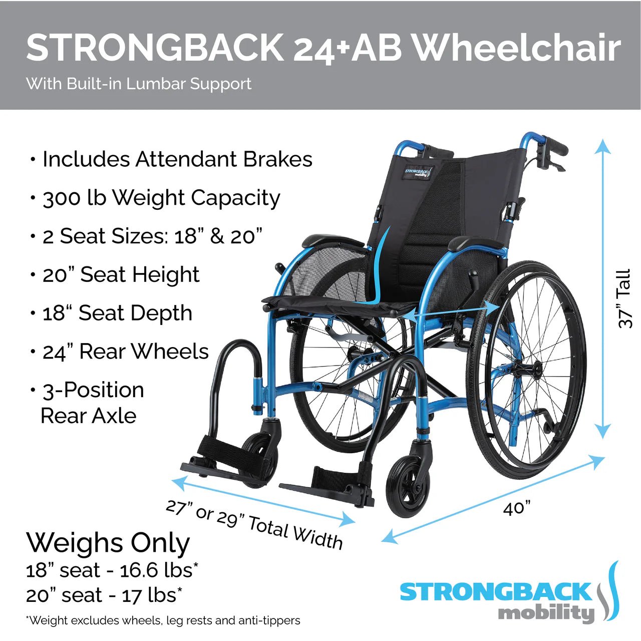 Strongback 24 Lightweight Manual Wheelchair with Attendant Brakes - Medical Department Store