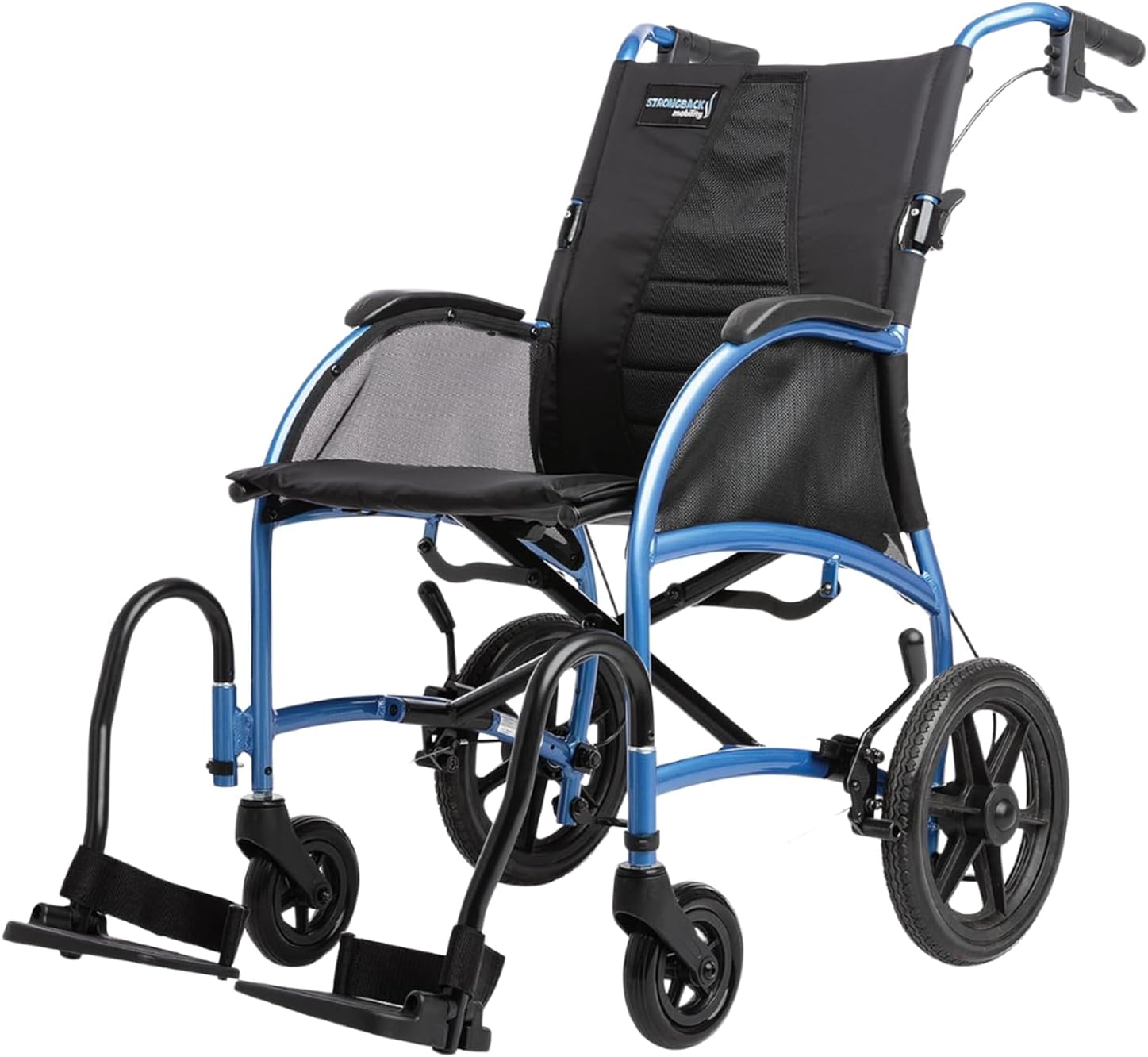 STRONGBACK Excursion 12 transport wheelchair with attendant brakes — ergonomic lumbar support, 12-inch rear wheels, 300 lb capacity