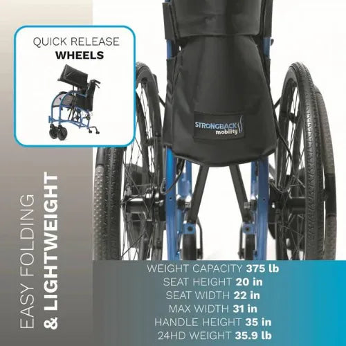 Strongback 24HD Heavy Duty Wheelchair - Folding Wheelchair with 375 Pound Weight Capacity with Ergonomic Seat